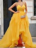v neck tulle long prom dress high low long yellow graduation dress HZ1024