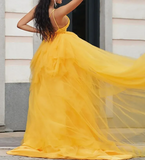 v neck tulle long prom dress high low long yellow graduation dress HZ1024