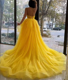 v neck tulle long prom dress high low long yellow graduation dress HZ1024