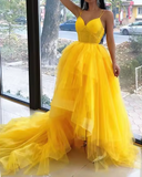 v neck tulle long prom dress high low long yellow graduation dress HZ1024