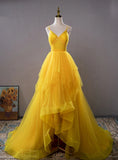v neck tulle long prom dress high low long yellow graduation dress HZ1024