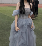 blue beads long prom dress gray tulle formal dress HZ1024