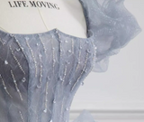 blue beads long prom dress gray tulle formal dress HZ1024