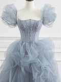 blue beads long prom dress gray tulle formal dress HZ1024