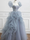 blue beads long prom dress gray tulle formal dress HZ1024