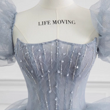 blue beads long prom dress gray tulle formal dress HZ1024
