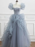 blue beads long prom dress gray tulle formal dress HZ1024