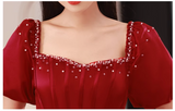 A line satin beads long prom dress burgundy evening dress HZ1024