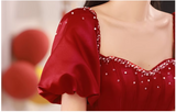 A line satin beads long prom dress burgundy evening dress HZ1024