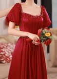 A line satin beads long prom dress burgundy evening dress HZ1024