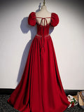 A line satin beads long prom dress burgundy evening dress HZ1024