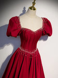 A line satin beads long prom dress burgundy evening dress HZ1024