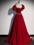 A line satin beads long prom dress burgundy evening dress HZ1024