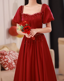 A line satin beads long prom dress burgundy evening dress HZ1024