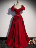A line satin beads long prom dress burgundy evening dress HZ1024