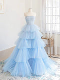 tulle long prom dress blue tulle long evening dress HZ1024