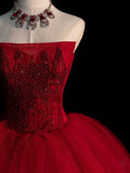 tulle beads long prom dress, burgundy tulle wedding dress HZ1024