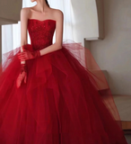 tulle beads long prom dress, burgundy tulle wedding dress HZ1024