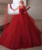 tulle beads long prom dress, burgundy tulle wedding dress HZ1024