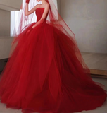 tulle beads long prom dress, burgundy tulle wedding dress HZ1024