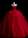 tulle beads long prom dress, burgundy tulle wedding dress HZ1024