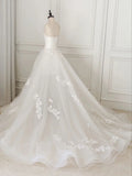 V Neck Tulle Lace Long Wedding Dress, Ivory Tulle Wedding Gown HZ1024