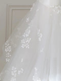 V Neck Tulle Lace Long Wedding Dress, Ivory Tulle Wedding Gown HZ1024