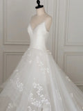 V Neck Tulle Lace Long Wedding Dress, Ivory Tulle Wedding Gown HZ1024