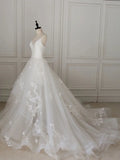 V Neck Tulle Lace Long Wedding Dress, Ivory Tulle Wedding Gown HZ1024