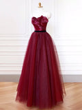 Sweetheart Neck Tulle Burgundy Long Prom Dress, Burgundy Long Formal Dress HZ1024