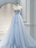 line Sweetheart Neck Tulle Lace Long Blue Prom Dresses, Lace Formal Graduation Dresses HZ1024