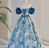A line satin long prom dress blue long evening dress HZ1024