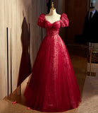 line burgundy tulle sequin long prom dress, burgundy formal dress HZ1024