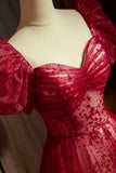 line burgundy tulle sequin long prom dress, burgundy formal dress HZ1024