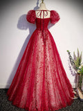line burgundy tulle sequin long prom dress, burgundy formal dress HZ1024