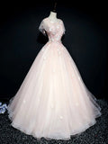 round neck tulle lace long prom dress, pink sweet 16 dress HZ1024