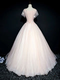 round neck tulle lace long prom dress, pink sweet 16 dress HZ1024