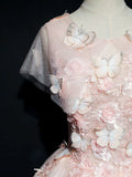 round neck tulle lace long prom dress, pink sweet 16 dress HZ1024