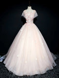 round neck tulle lace long prom dress, pink sweet 16 dress HZ1024