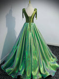 v neck green long prom dress, green formal graduation dress HZ1024