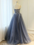 Blue A line lace tulle long prom dress, gray formal evening dress HZ1024