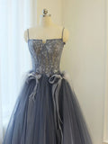 Blue A line lace tulle long prom dress, gray formal evening dress HZ1024