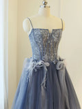 Blue A line lace tulle long prom dress, gray formal evening dress HZ1024