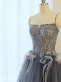 Blue A line lace tulle long prom dress, gray formal evening dress HZ1024