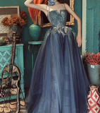 Blue A line lace tulle long prom dress, gray formal evening dress HZ1024