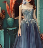 Blue A line lace tulle long prom dress, gray formal evening dress HZ1024