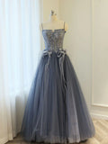 Blue A line lace tulle long prom dress, gray formal evening dress HZ1024