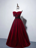 A line burgundy long prom dress, velvet bridesmaid dresses HZ1024