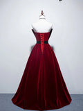 A line burgundy long prom dress, velvet bridesmaid dresses HZ1024