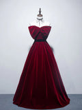 A line burgundy long prom dress, velvet bridesmaid dresses HZ1024